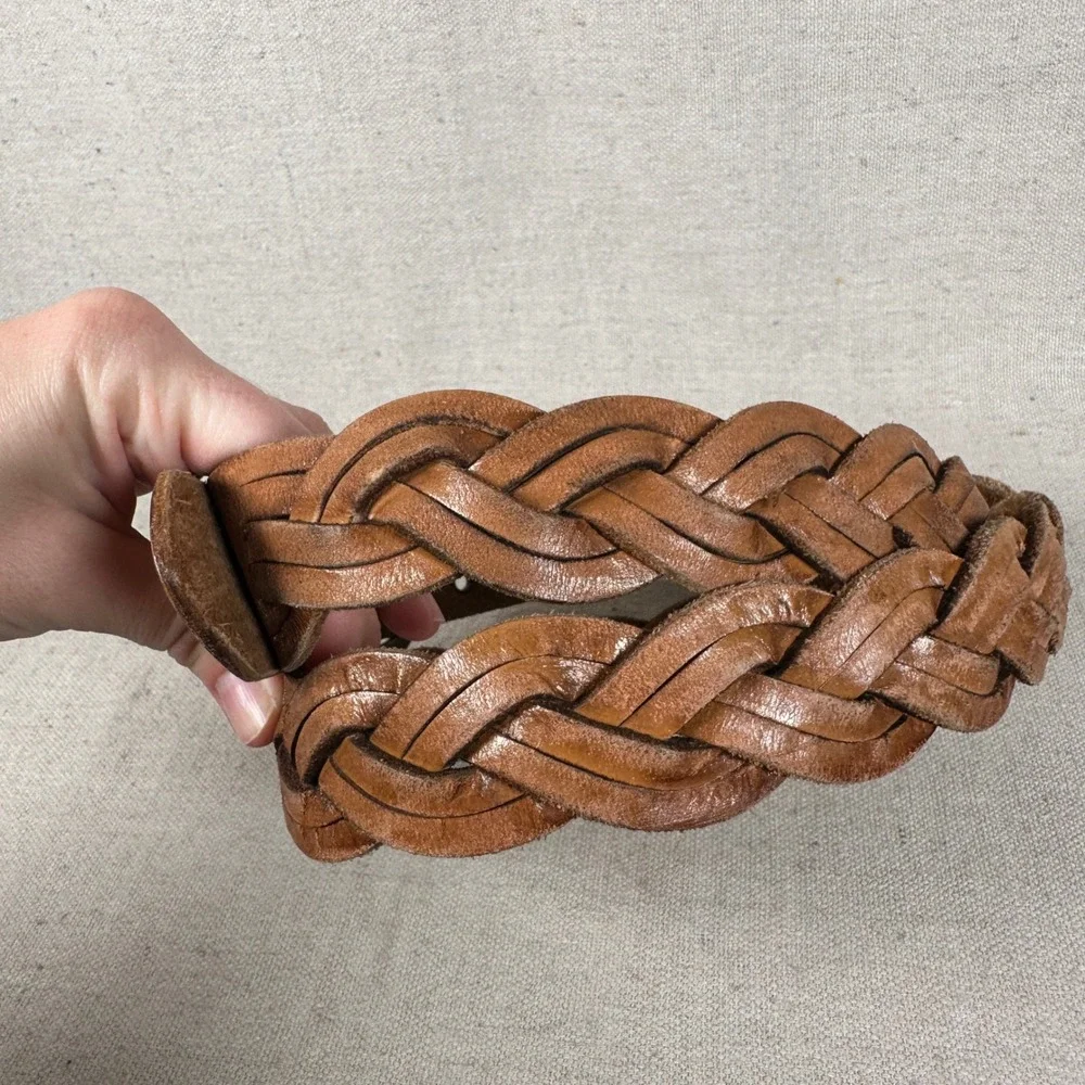 Vintage‎ Brown Braided Genuine Leather Belt XL Double Prong Buckle Wide Boho
